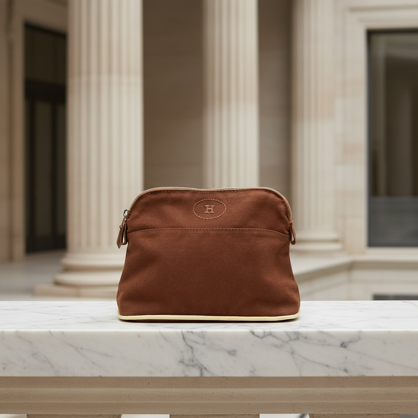 Hermes Bolide PM Women,Men Cotton,Leather Pouch Brown