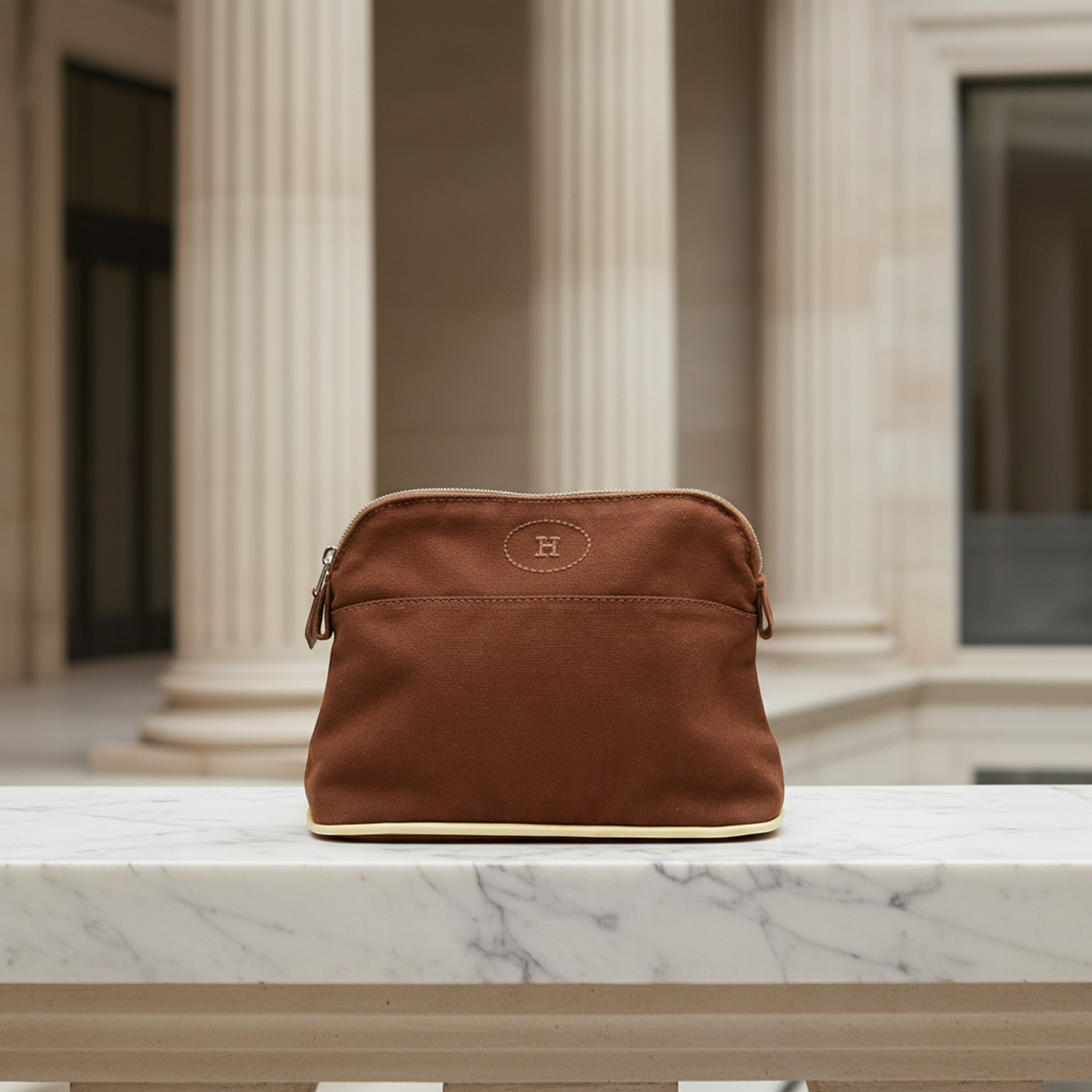 Hermes Bolide PM Women,Men Cotton,Leather Pouch Brown
