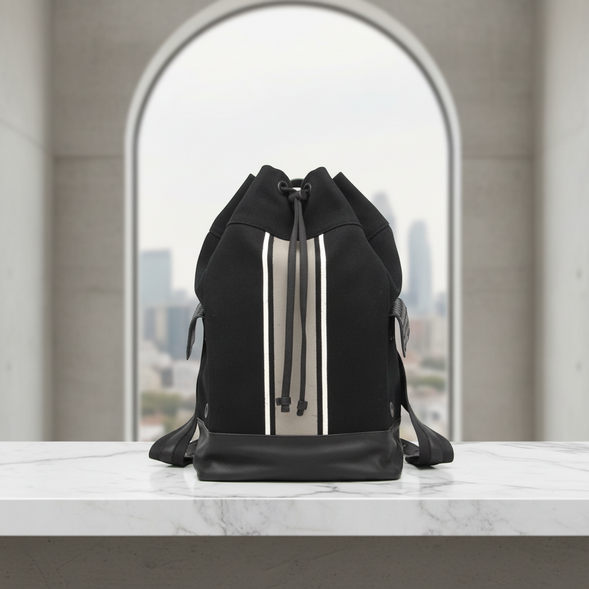 Bottega Veneta Drawstring Bag Stripe Men's Leather,Canvas Backpack Black,Gray,White