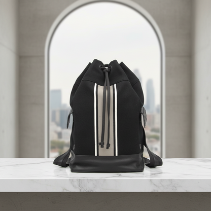Bottega Veneta Drawstring Bag Stripe Men's Leather,Canvas Backpack Black,Gray,White