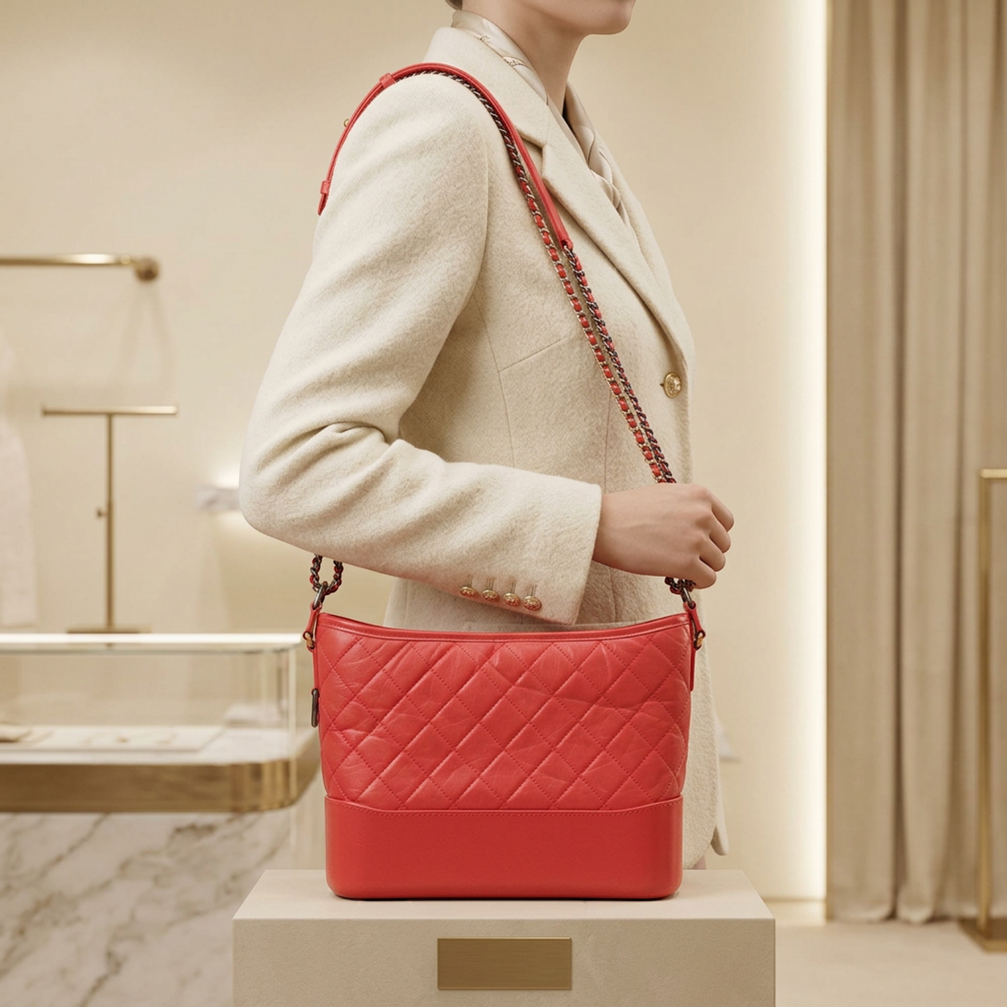Chanel Gabrielle De Chanel Hobo A93824 Women's Leather Shoulder Bag Coral Red