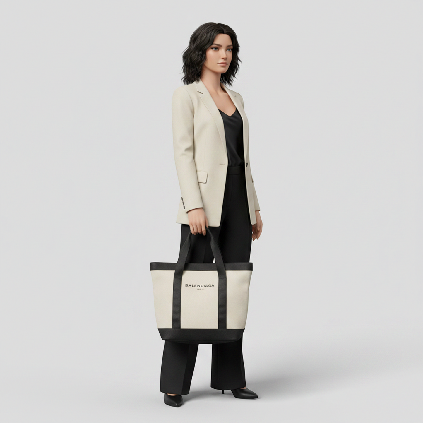 Balenciaga Navy Tote 374767 Women,Men Canvas,Leather Tote Bag Black,Off-white