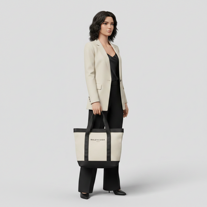 Balenciaga Navy Tote 374767 Women,Men Canvas,Leather Tote Bag Black,Off-white