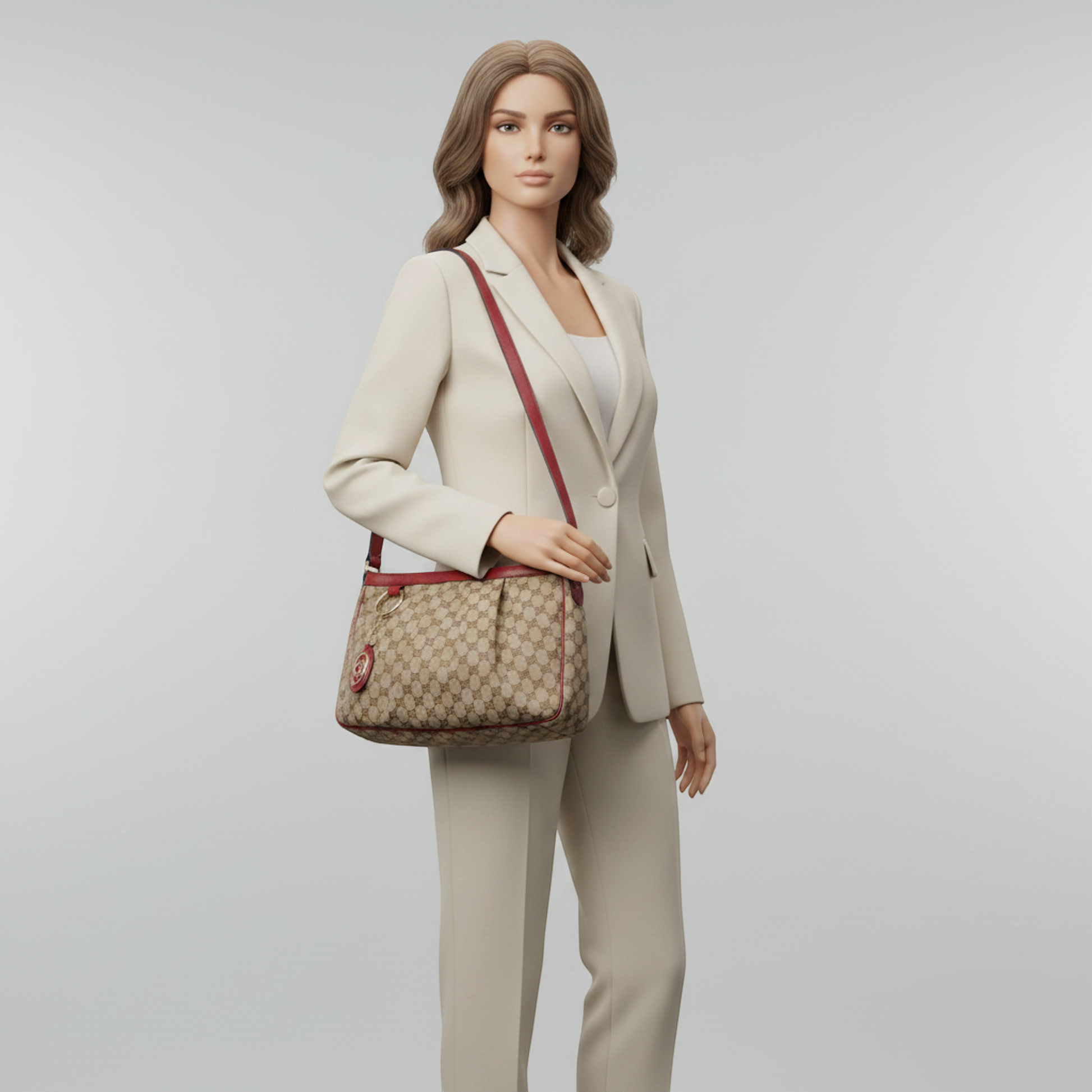 Gucci Sukey 296834 Women's GG Canvas,Leather Shoulder Bag Beige,Red Brown