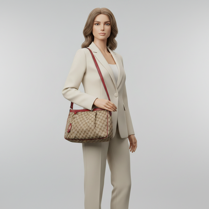 Gucci Sukey 296834 Women's GG Canvas,Leather Shoulder Bag Beige,Red Brown