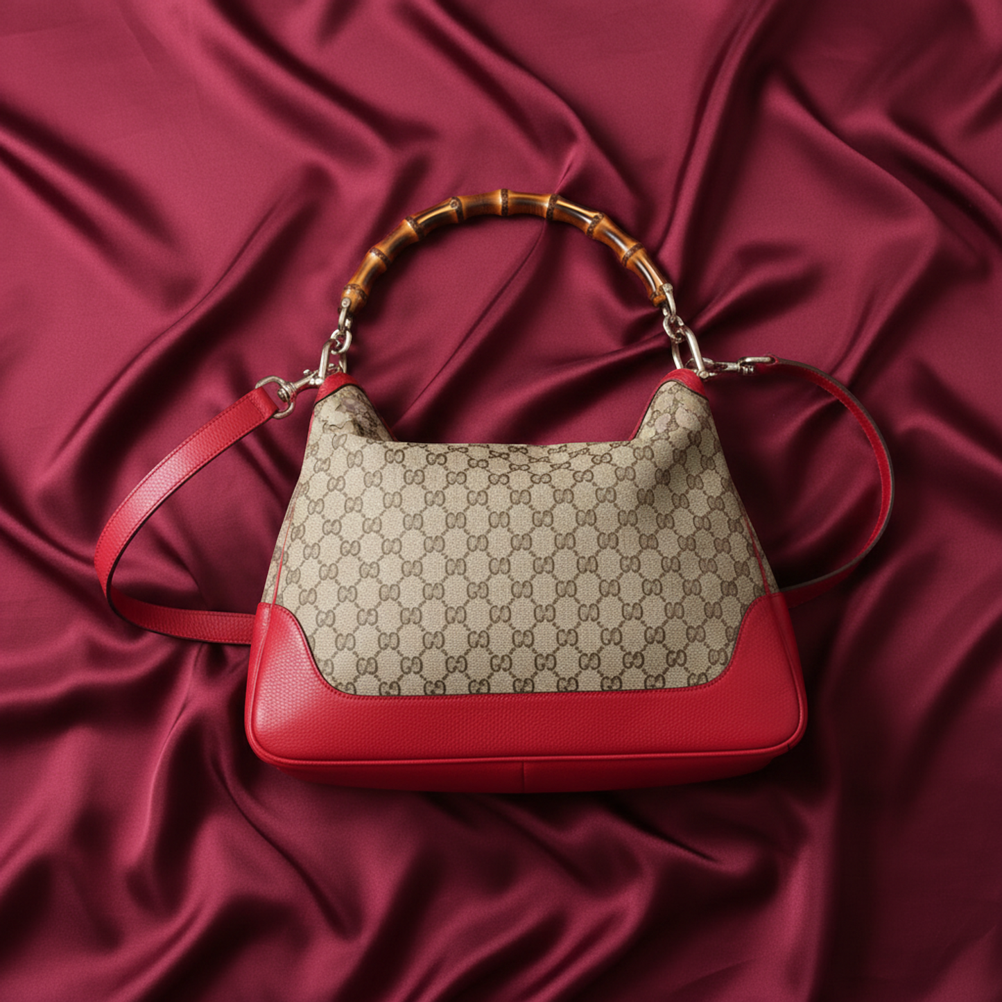 Gucci Bamboo 282315 Women's Leather,GG Canvas Shoulder Bag,Tote Bag Beige,Brown,Red Color