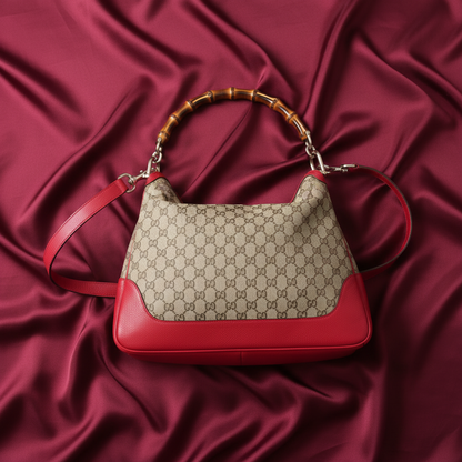 Gucci Bamboo 282315 Women's Leather,GG Canvas Shoulder Bag,Tote Bag Beige,Brown,Red Color