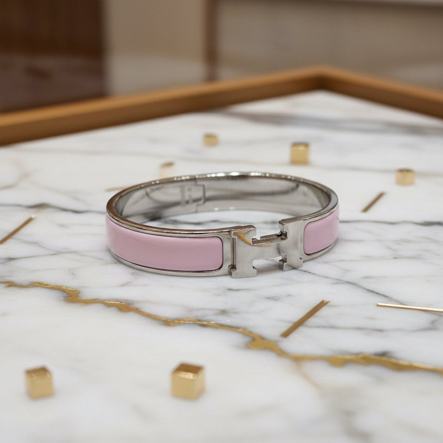 Hermes Clic Click Clac H Enamel,Metal Bangle Light Pink,Silver