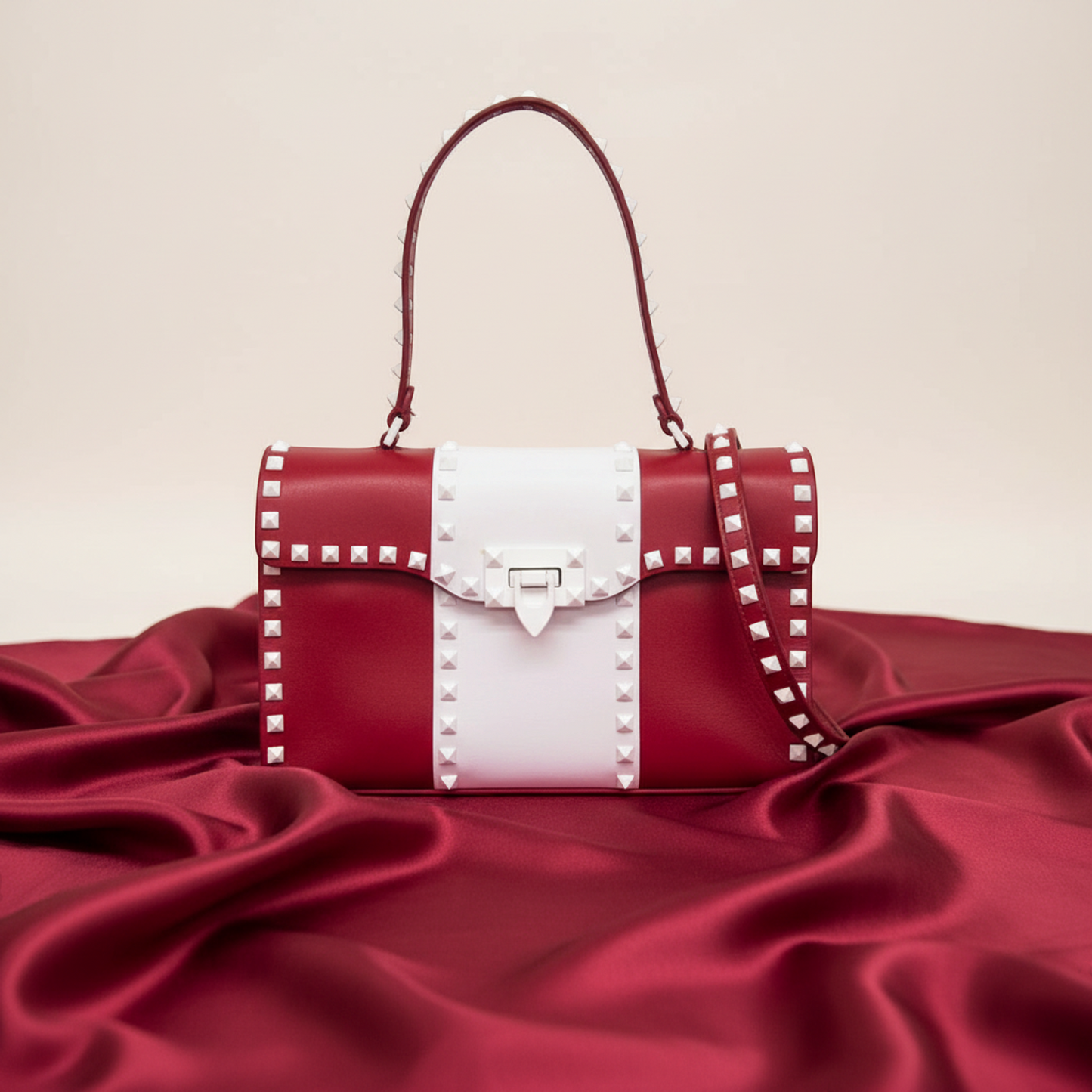 Valentino Garavani Spike Lockstuds Single Handle Bag PW2B0094YDW Women's Leather Handbag,Shoulder Bag Red Color,White