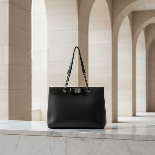 Salvatore Ferragamo Vara EZ-21 H500 Women's Leather Tote Bag Black