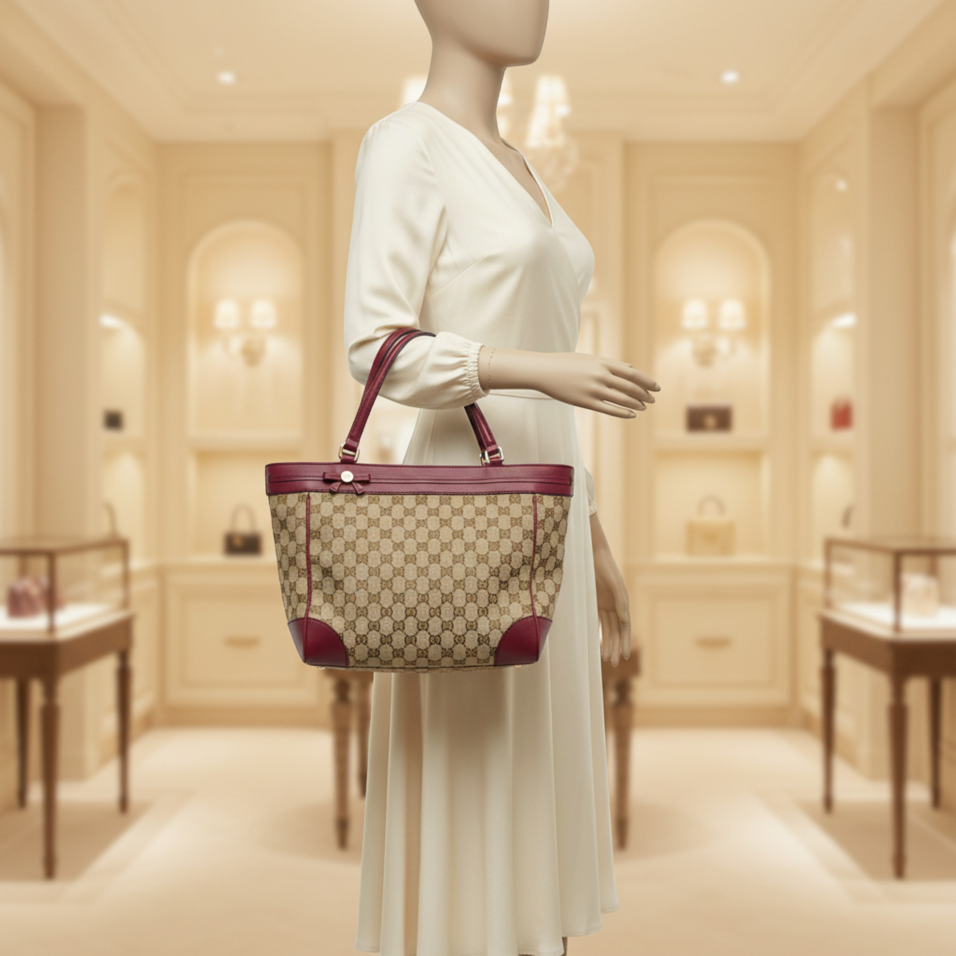 Gucci GG Canvas Mayfair Ribbon 257061 Women's GG Canvas,Leather Tote Bag Beige,Brown,Purple