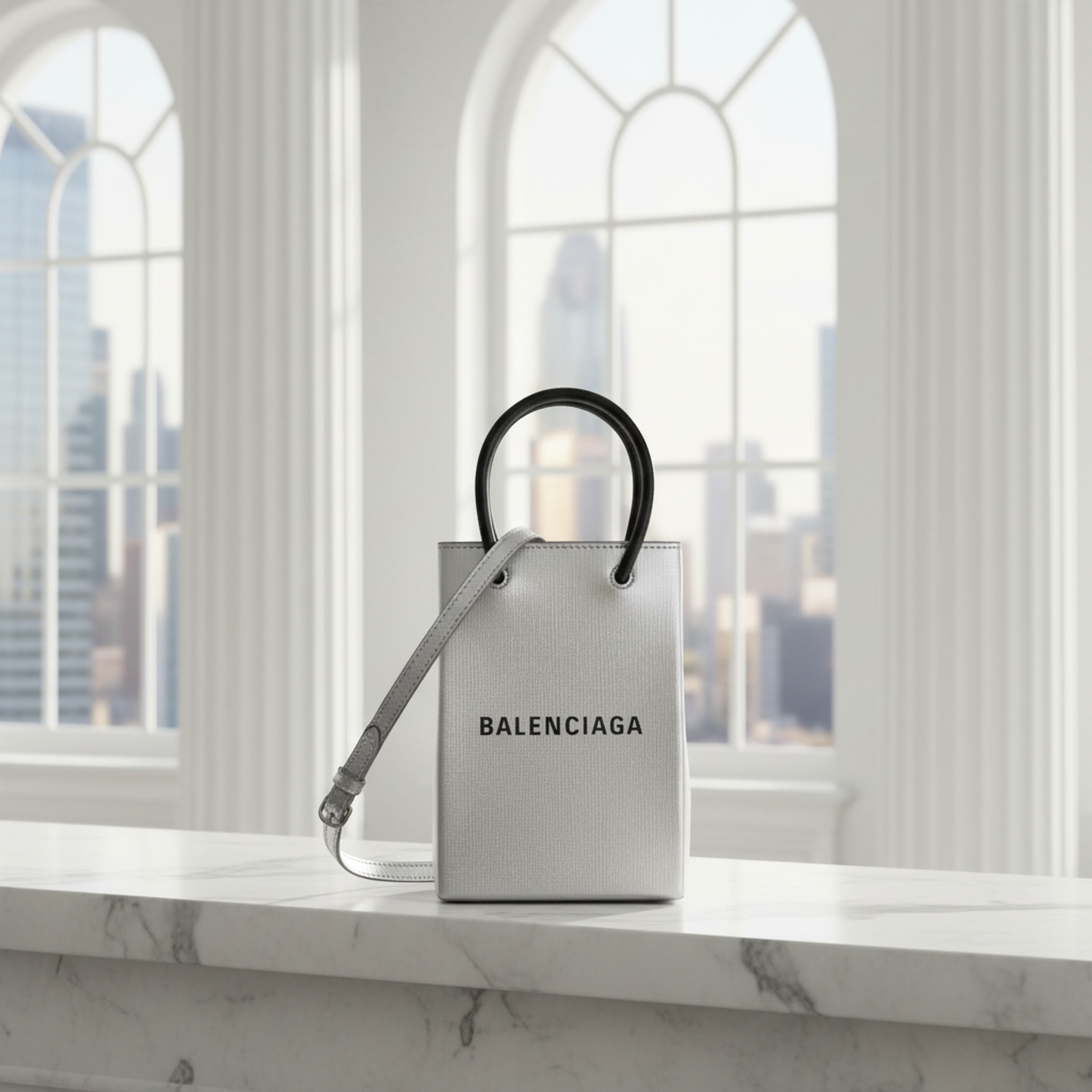 Balenciaga Shopping Phone Holder Shoulder Mini Bag 593826 Women,Men Leather Shoulder Bag Silver