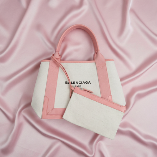 Balenciaga Navy Cabas S 339933 Women's Canvas,Leather Handbag Light Pink,Off-white