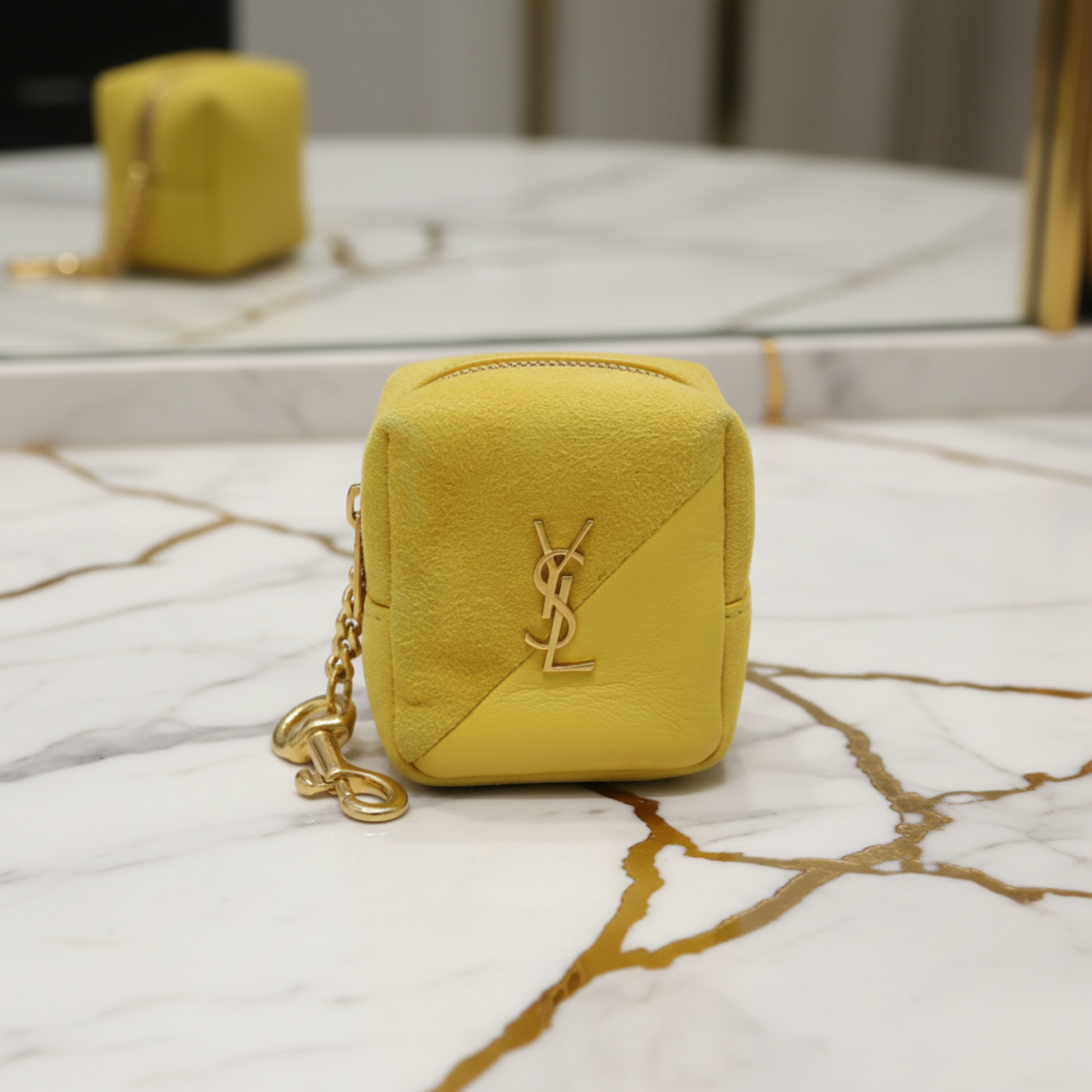 Yves Saint Laurent Leather Handbag Charm Yellow Accessory case Mini pouch Cube Charm