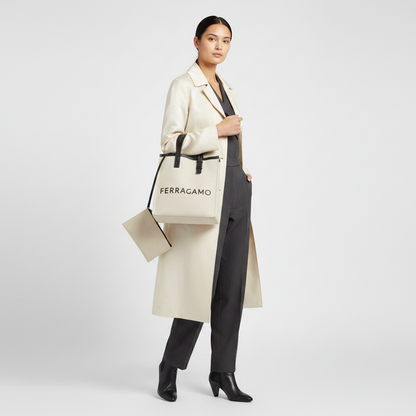 Salvatore Ferragamo Logo GG-241297 Women,Men Leather,Fabric Tote Bag Beige,Black