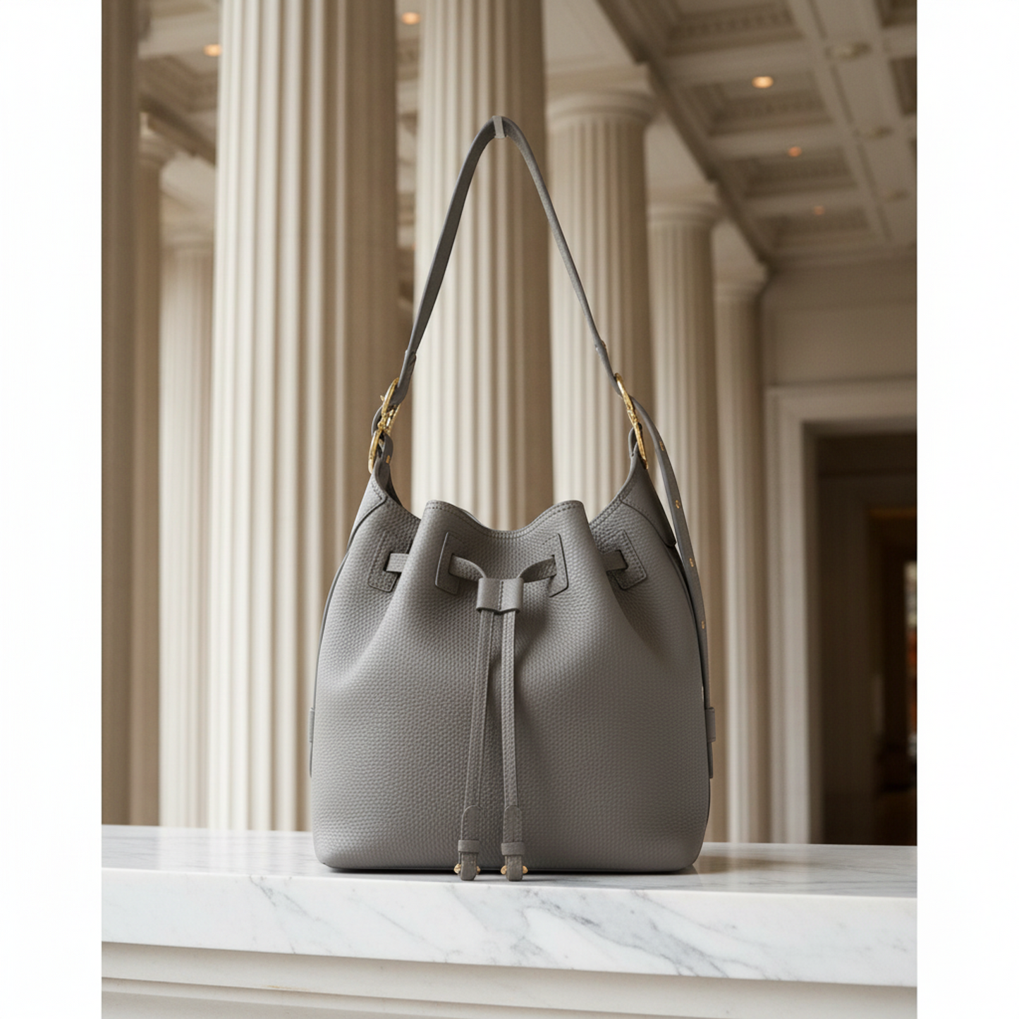 Salvatore Ferragamo Drawstring Bag AU-21 G586 Women's Leather Shoulder Bag Gray