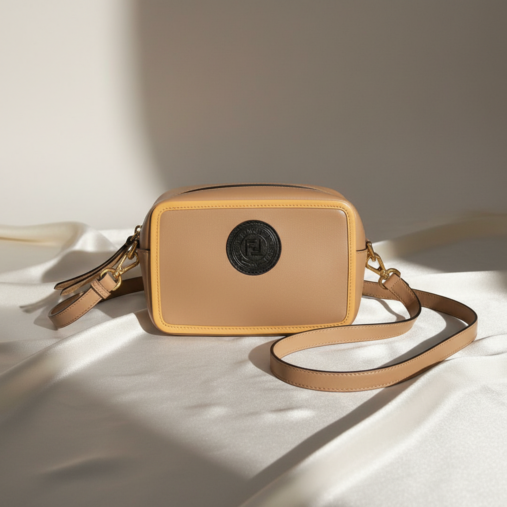 Fendi Pochette Cam 8BS019 Women's Leather Shoulder Bag Beige,Yellow