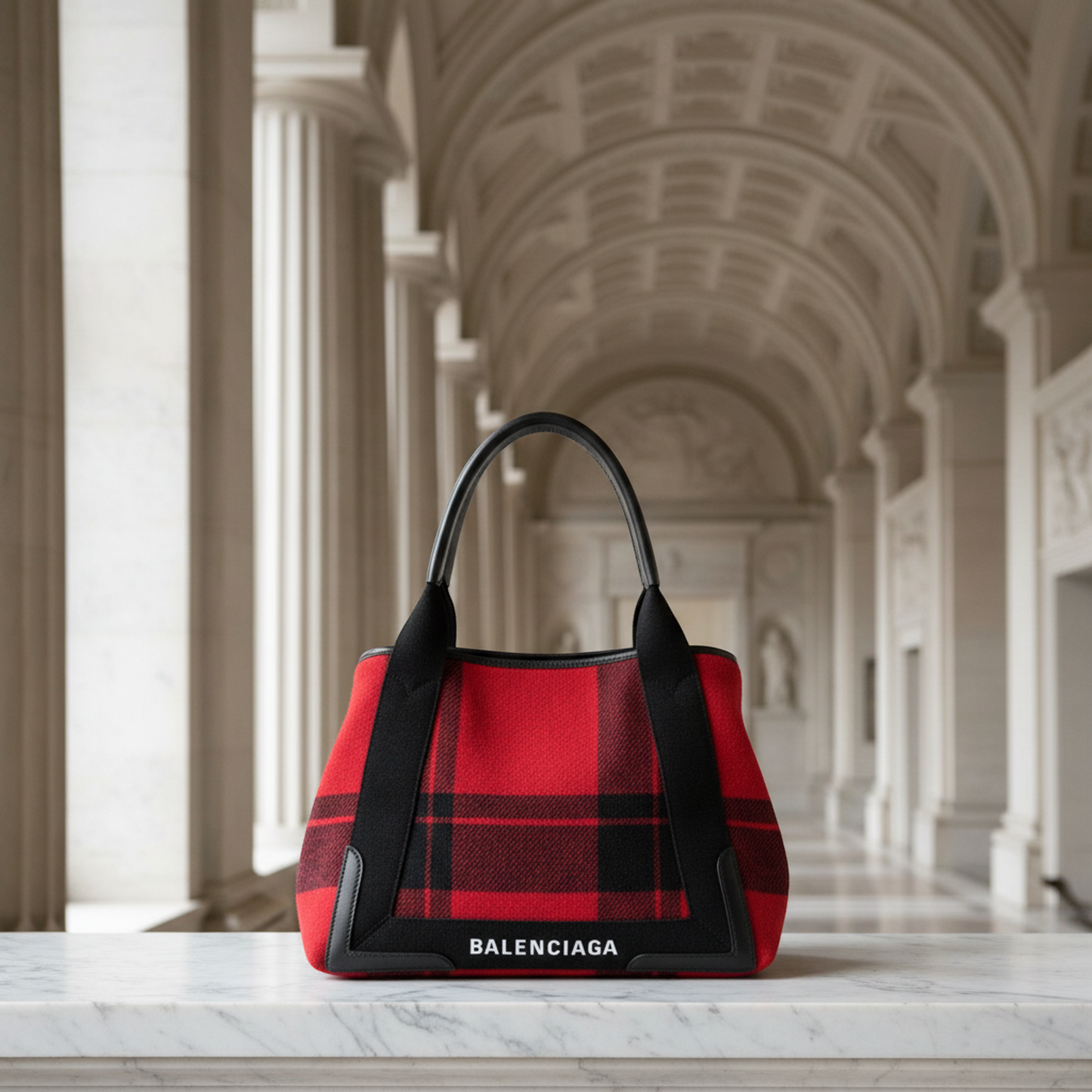 Balenciaga Navy Cabas S 339933 Women's Wool Felt,Leather Handbag Black,Red Color