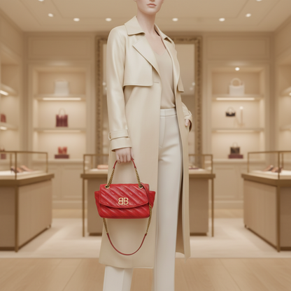 Balenciaga BB Logo 501681 Women's Leather Shoulder Bag Red Color