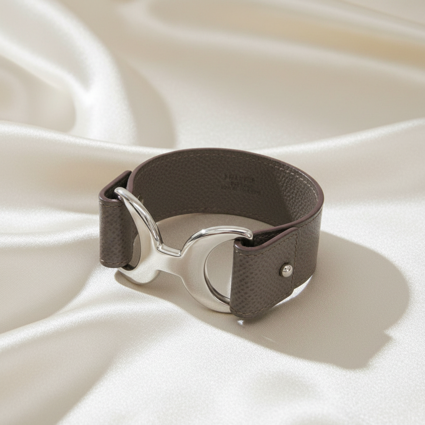 Hermes Pavane Leather,Metal No Stone Bangle Etoupe Gray,Silver