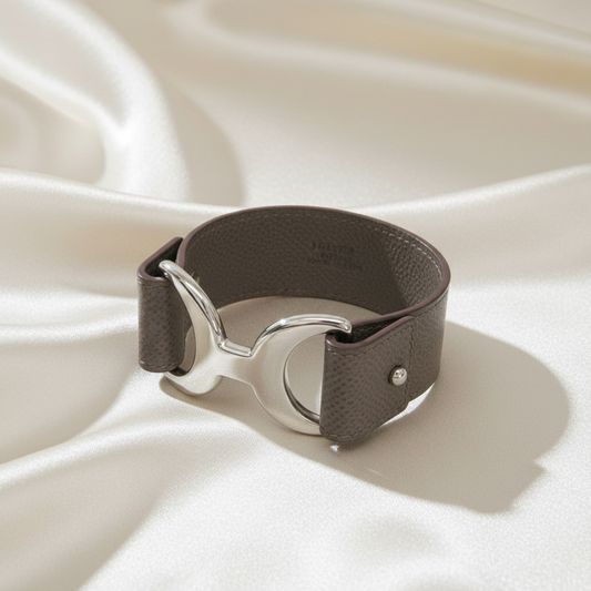 Hermes Pavane Leather,Metal No Stone Bangle Etoupe Gray,Silver