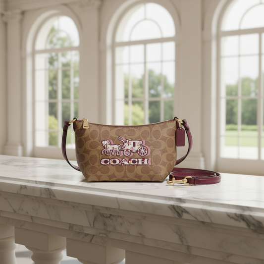 Coach Signature Horse And Carriage Zip Top CX606 Women's Leather,PVC Shoulder Bag Beige,Brown,Purple
