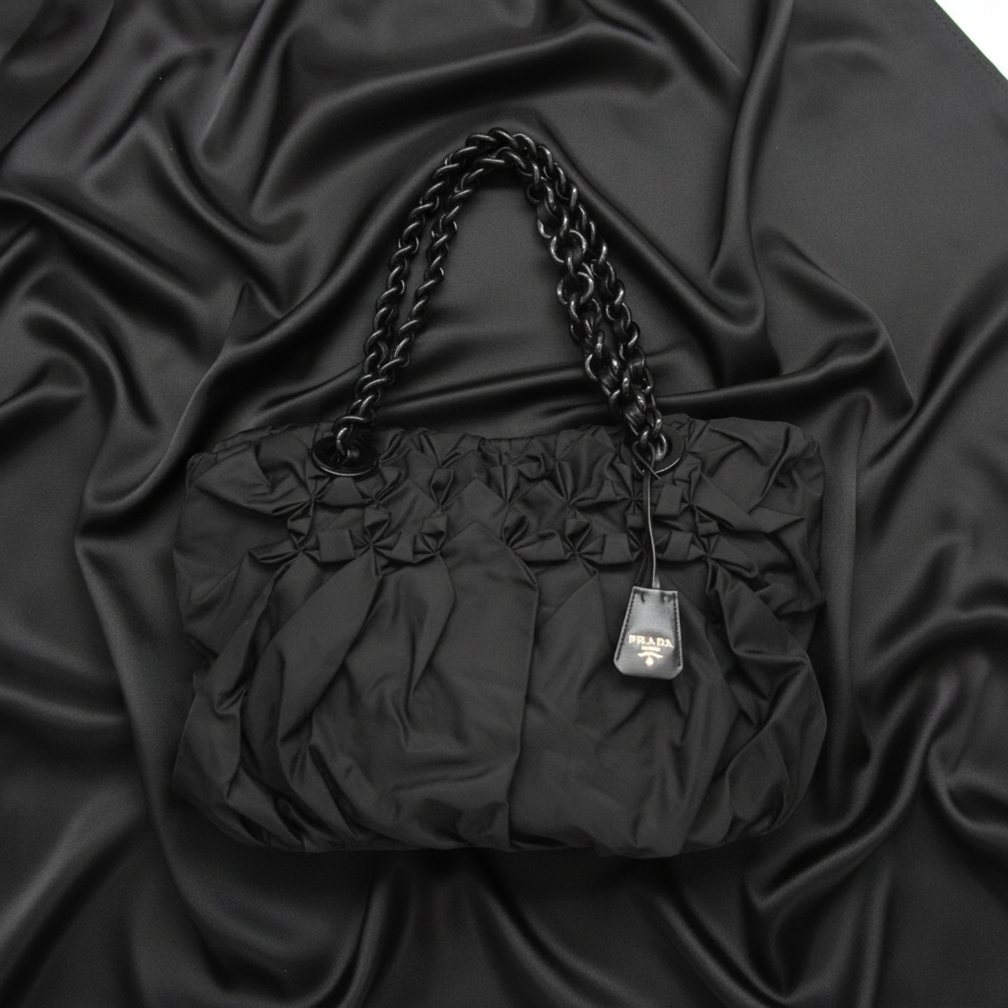 Prada Ruffled Chain Shoulder Bag Women's Nylon,Plastic Shoulder Bag,Tote Bag Black