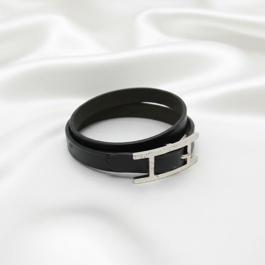 Hermes Hapi 4-row Bracelet Choker Leather,Metal Bangle Silver,Black