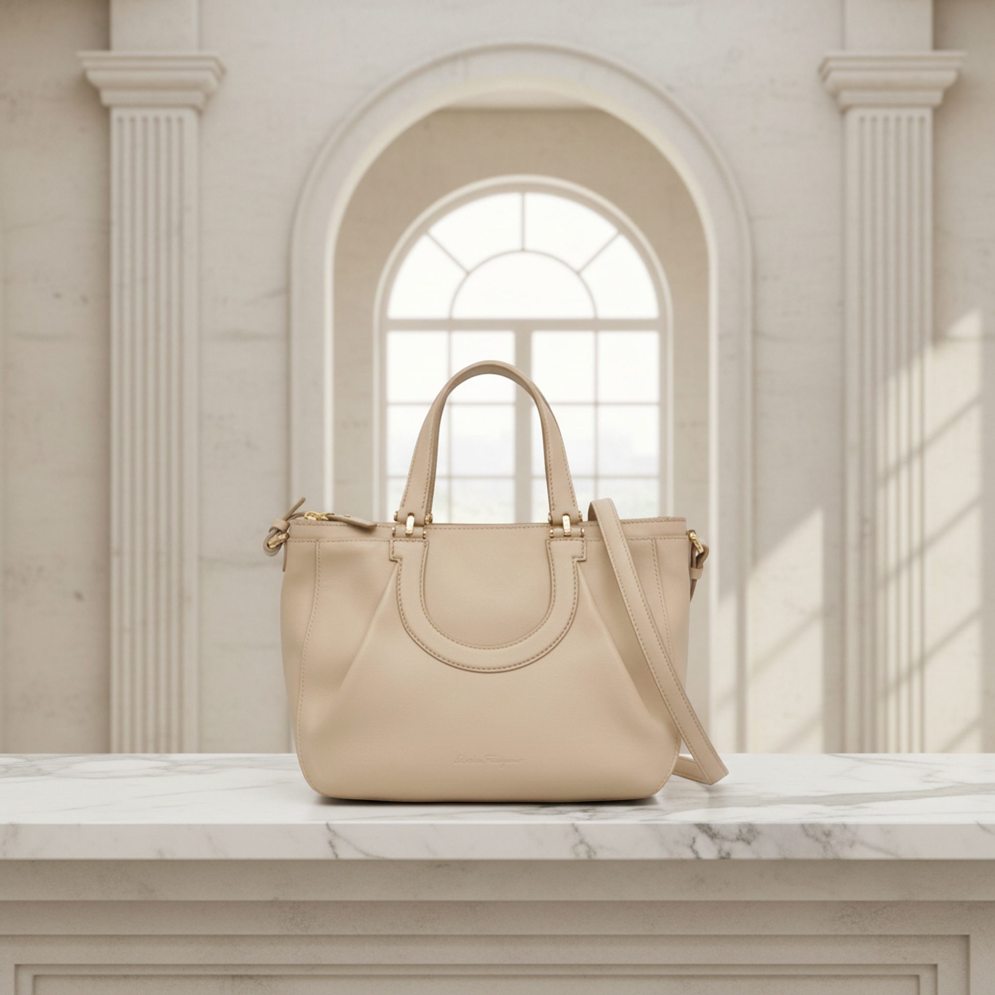 Salvatore Ferragamo Gancini EE-21 F703 Women's Leather Handbag,Shoulder Bag Light Beige