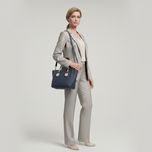 Moreau BREGANCON Women's Leather Handbag,Shoulder Bag Navy,Silver