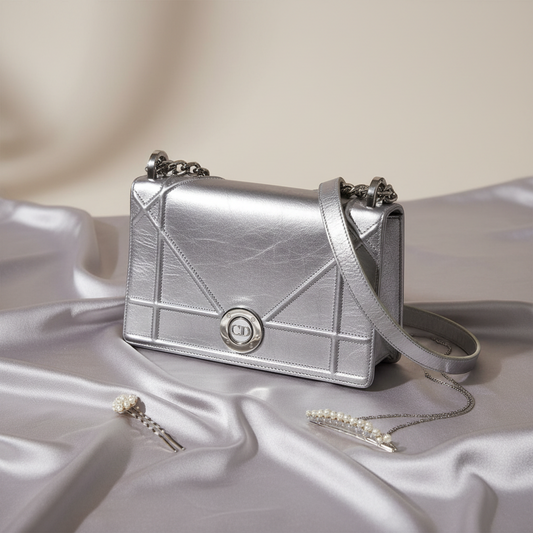 Christian Dior Diorama Chain Shoulder Bag Women's Leather Shoulder Bag Silver
