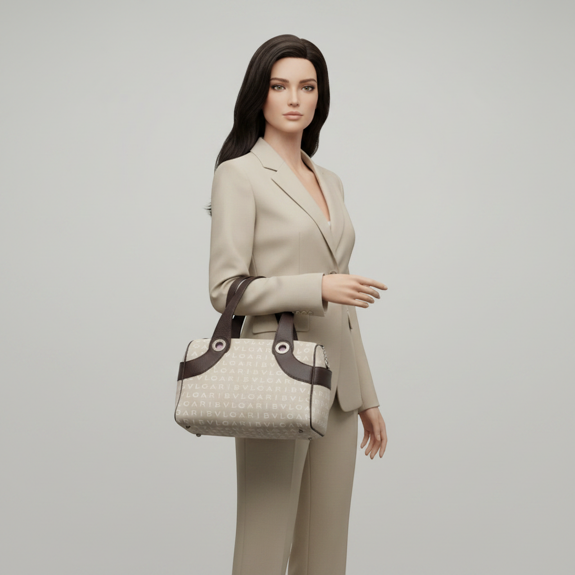 Bvlgari Logomania Winona Boston Small Women's Canvas,Leather Boston Bag,Handbag Brown,Light Beige