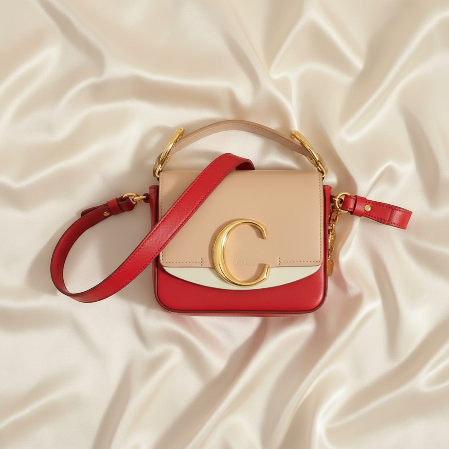 Chloé Chloe C Mini Women's Leather Handbag,Shoulder Bag Light Beige,Red Color