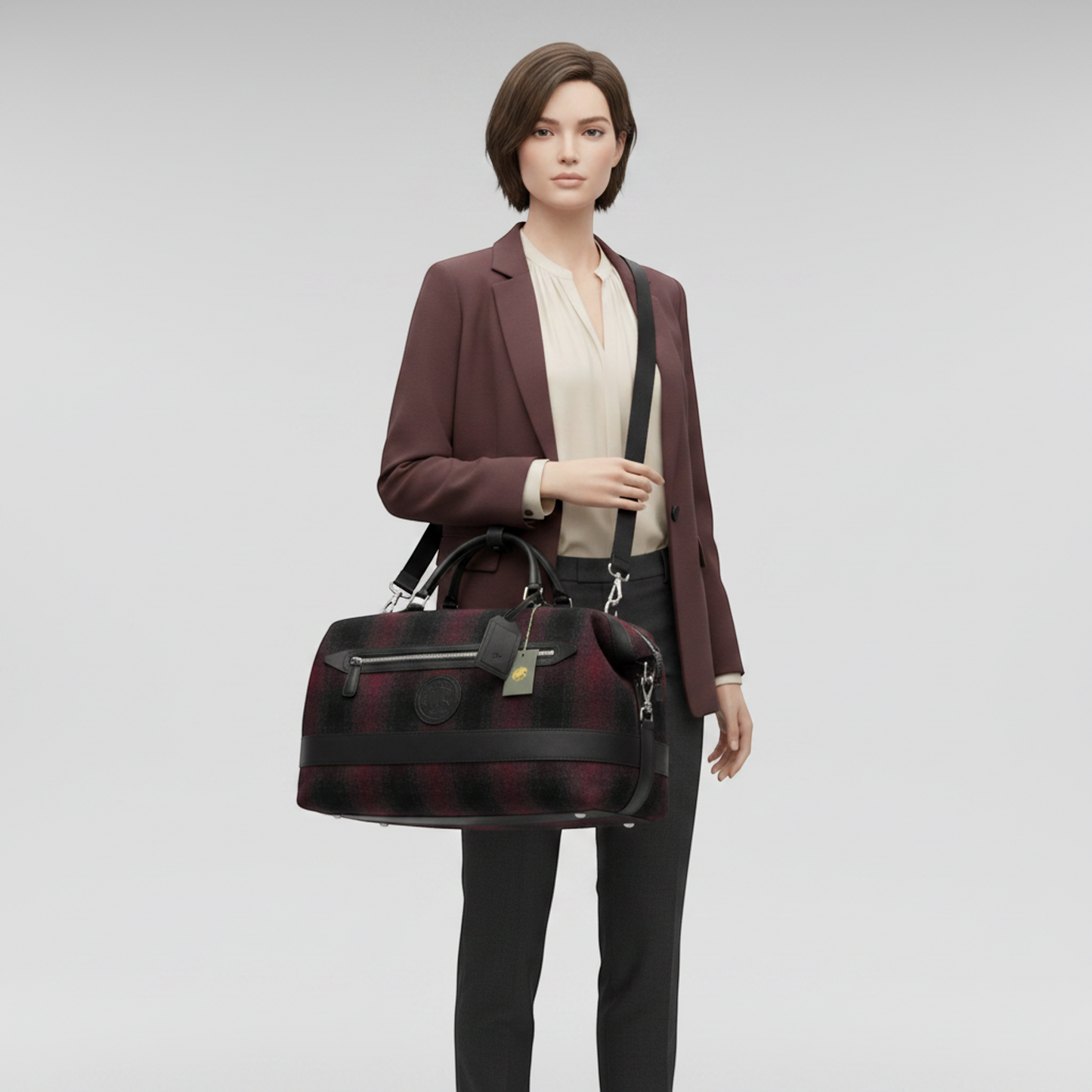 Hunting World Check 2-way Boston Bag Men,Women Tweed,Leather Boston Bag,Shoulder Bag Black,Red Color