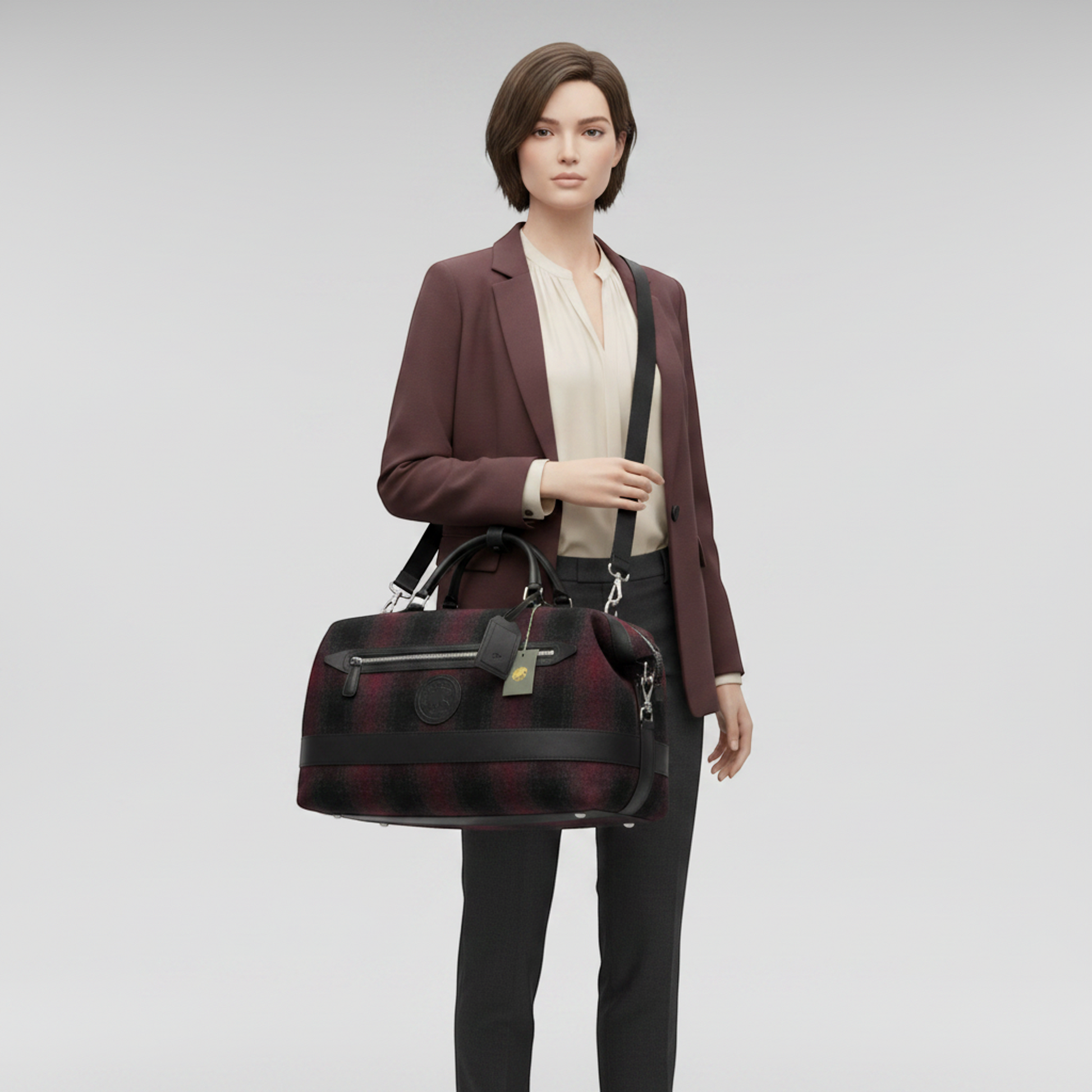 Hunting World Check 2-way Boston Bag Men,Women Tweed,Leather Boston Bag,Shoulder Bag Black,Red Color