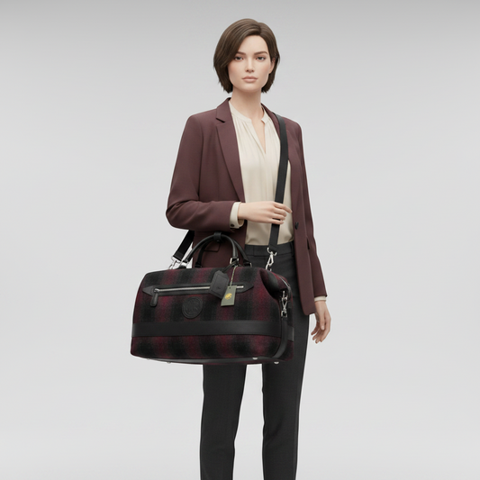 Hunting World Check 2-way Boston Bag Men,Women Tweed,Leather Boston Bag,Shoulder Bag Black,Red Color