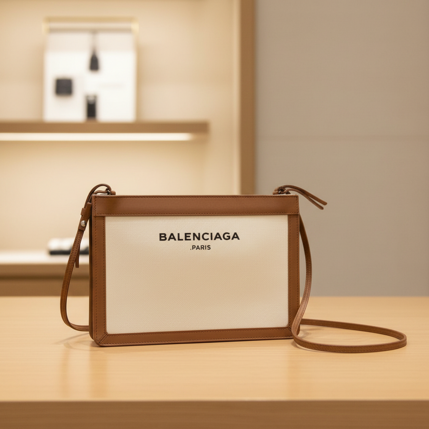 Balenciaga Navy Pochette 339937 Men,Women Canvas,Leather Shoulder Bag Beige,Off-white
