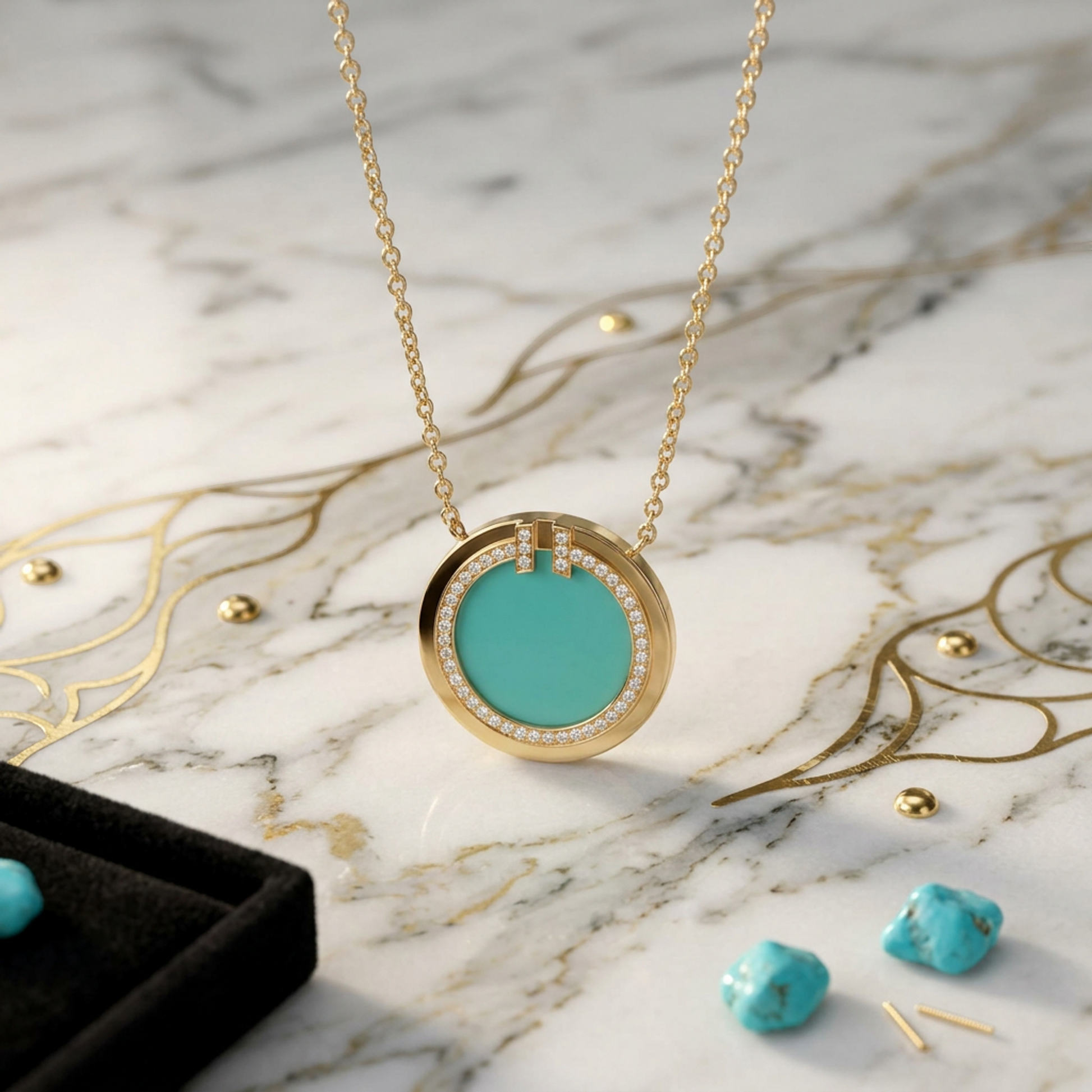 Tiffany T Two Circle Necklace Turquoise And Diamond Pink Gold (18K) Diamond,Turquoise Men,Women Fashion Pendant Necklace (Pink Gold)