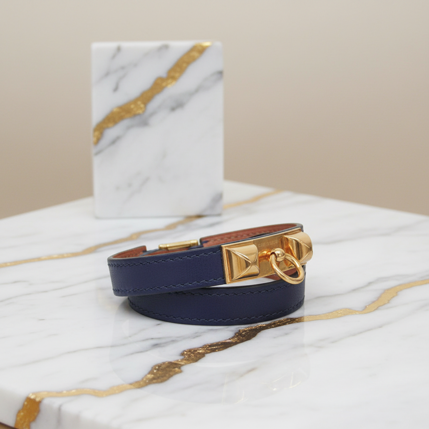 Hermes Rivale Double Tour Leather,Metal Wrap Bracelet Gold,Navy
