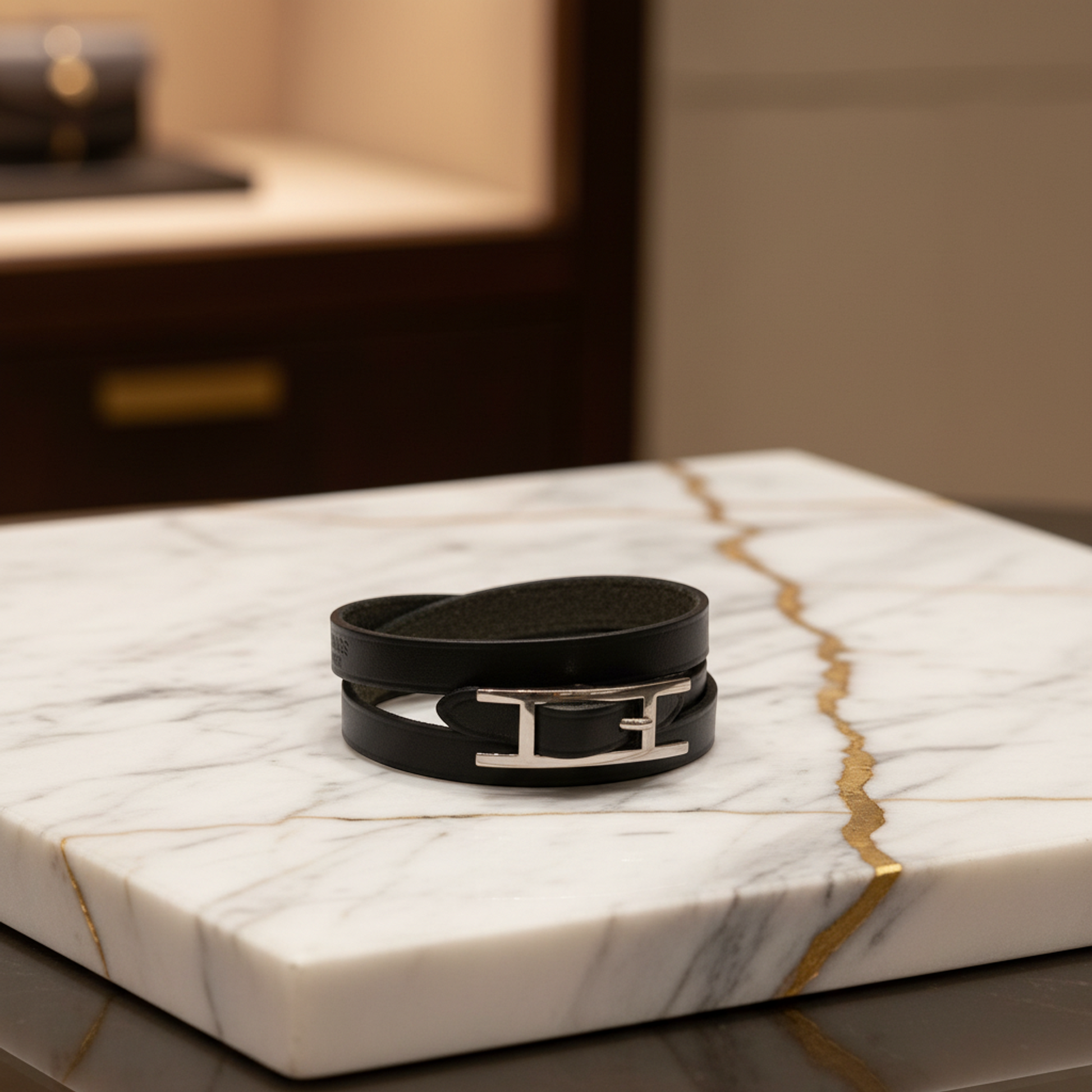 Hermes Hapi Triple Bracelet Choker Leather,Metal Bangle Black,Silver