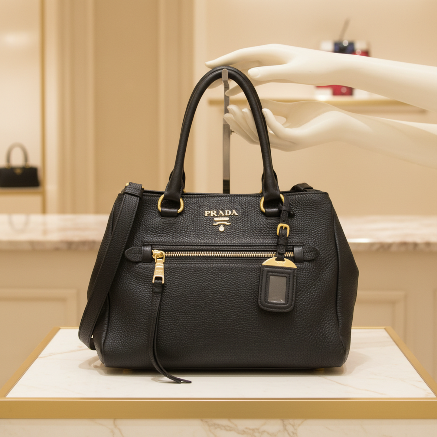 Prada VITELLO PHENIX 1BG044 Women's Leather Handbag,Shoulder Bag Black