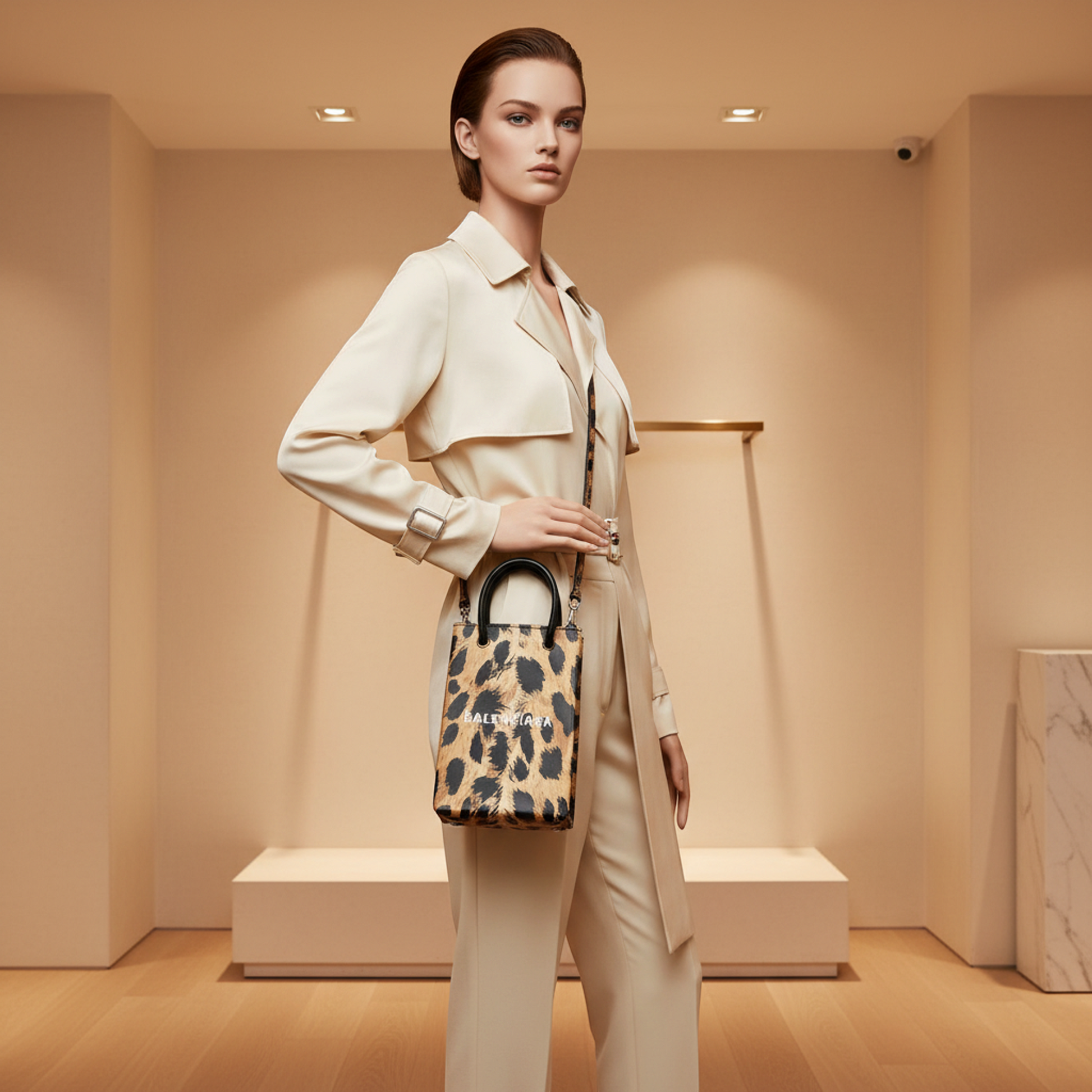 Balenciaga Shopping Phone Holder Shoulder Mini Bag Leopard Print 593826 Men,Women Leather Shoulder Bag Beige,Black