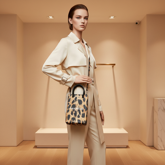 Balenciaga Shopping Phone Holder Shoulder Mini Bag Leopard Print 593826 Men,Women Leather Shoulder Bag Beige,Black