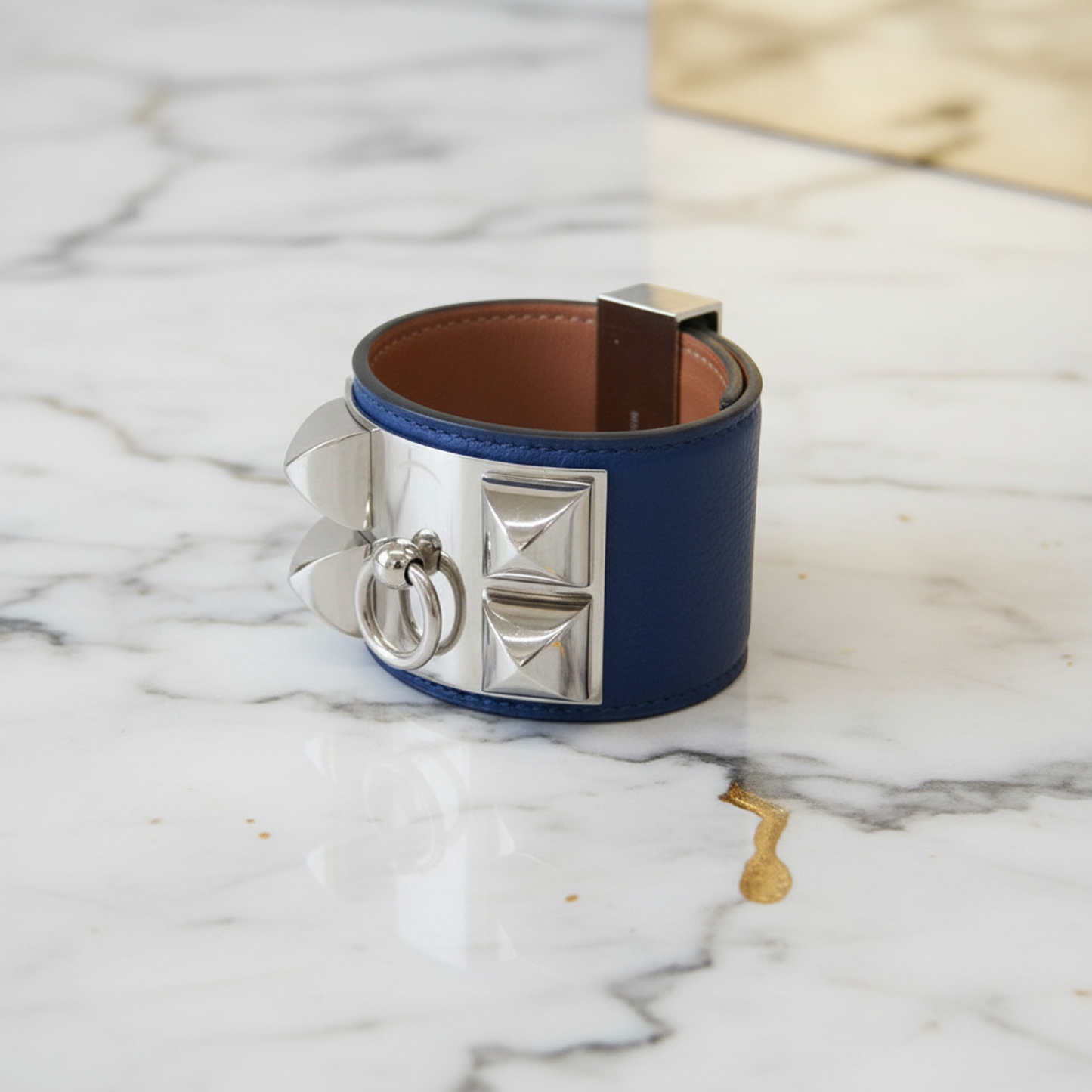 Hermes Collier De Chien Leather,Metal Bangle Silver,Bleu Saphir