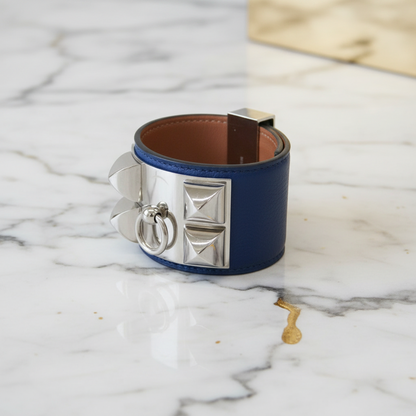 Hermes Collier De Chien Leather,Metal Bangle Silver,Bleu Saphir