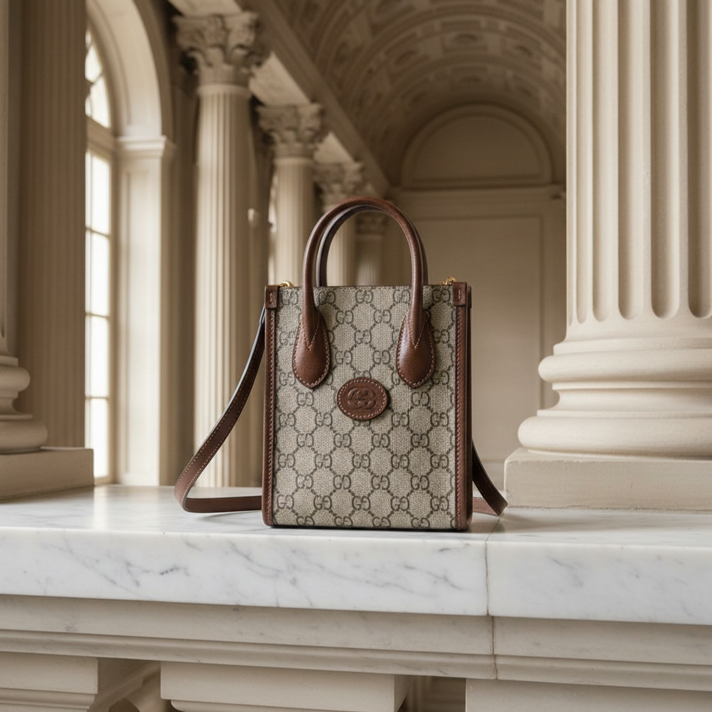 Gucci Interlocking G 671623 Women's Leather,GG Supreme Handbag,Shoulder Bag Beige,Brown