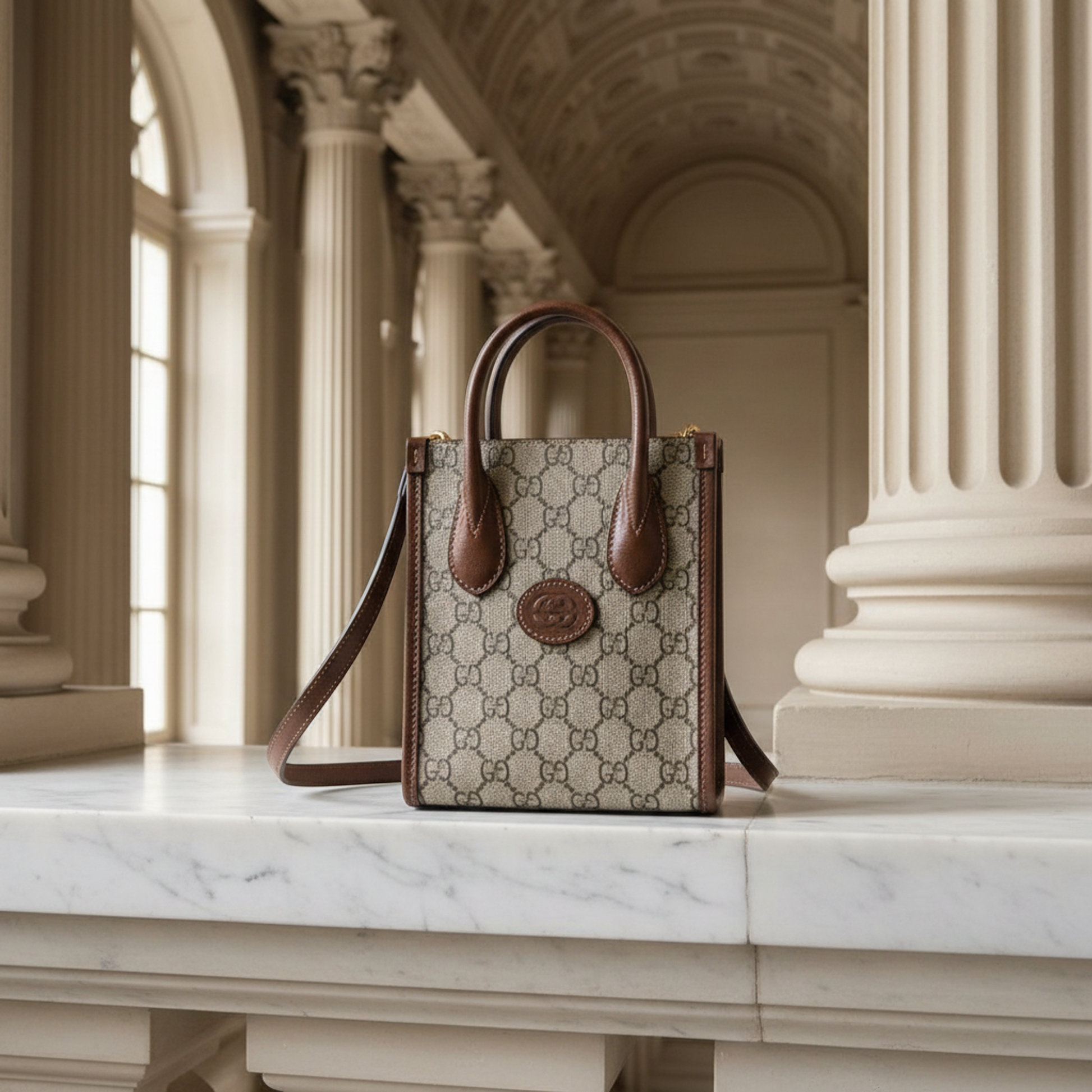 Gucci Interlocking G 671623 Women's Leather,GG Supreme Handbag,Shoulder Bag Beige,Brown