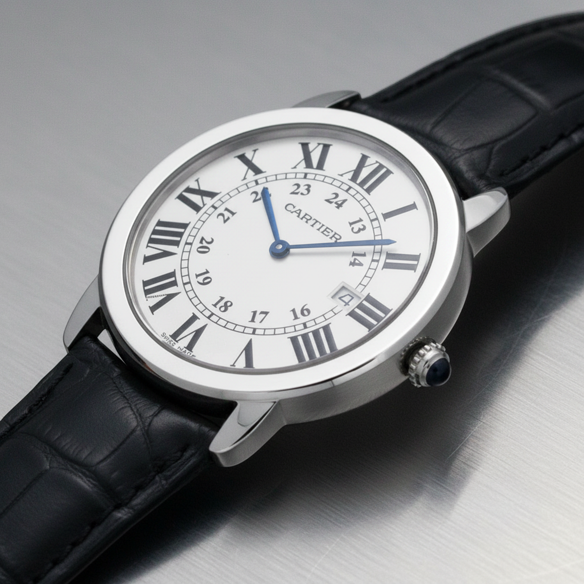 CARTIER Ronde Solo LM Steel Leather Quartz Mens Watch W6700255 Polished