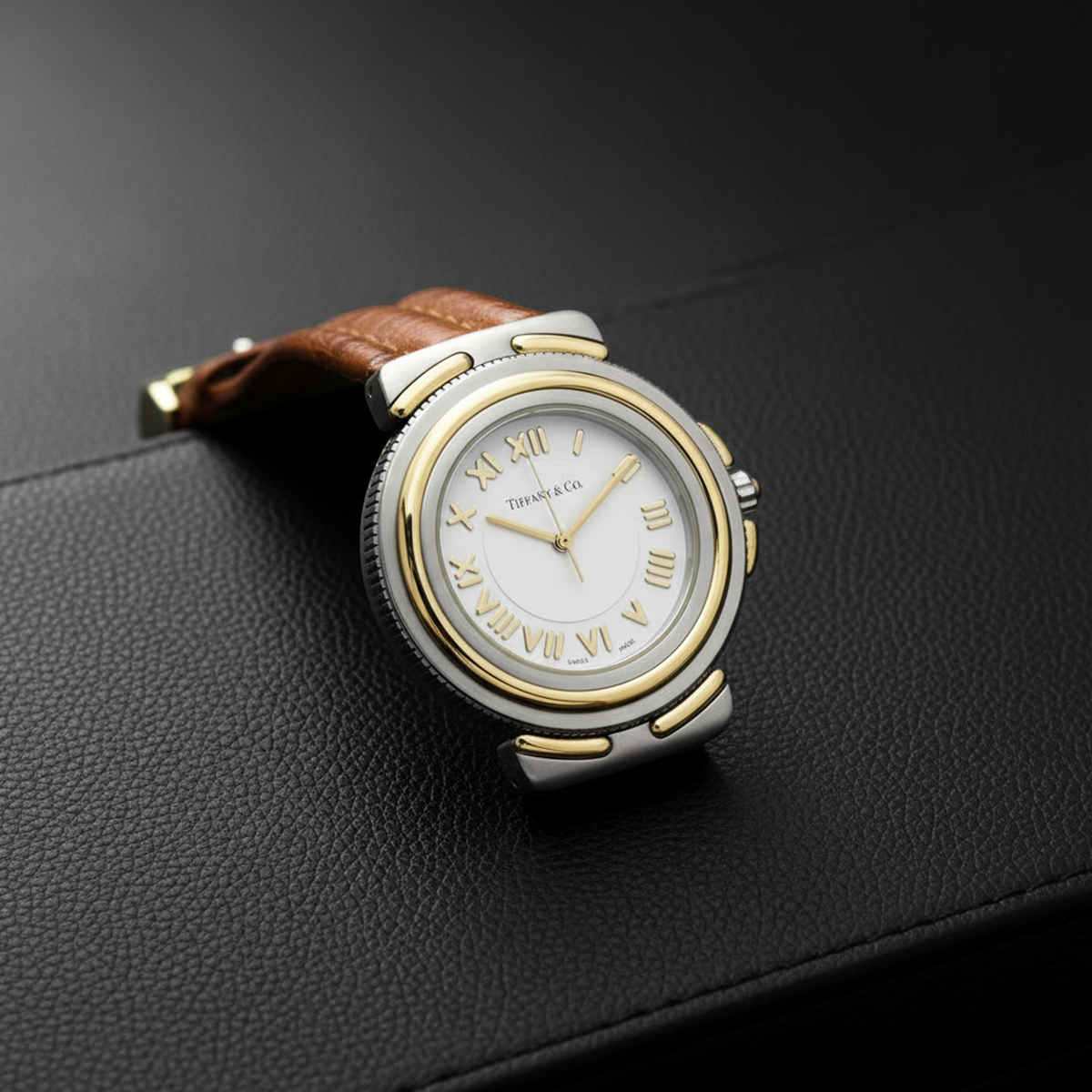 TIFANNY Intaglio 18K Gold Steel Quartz Mens Watch M0820 Polished
