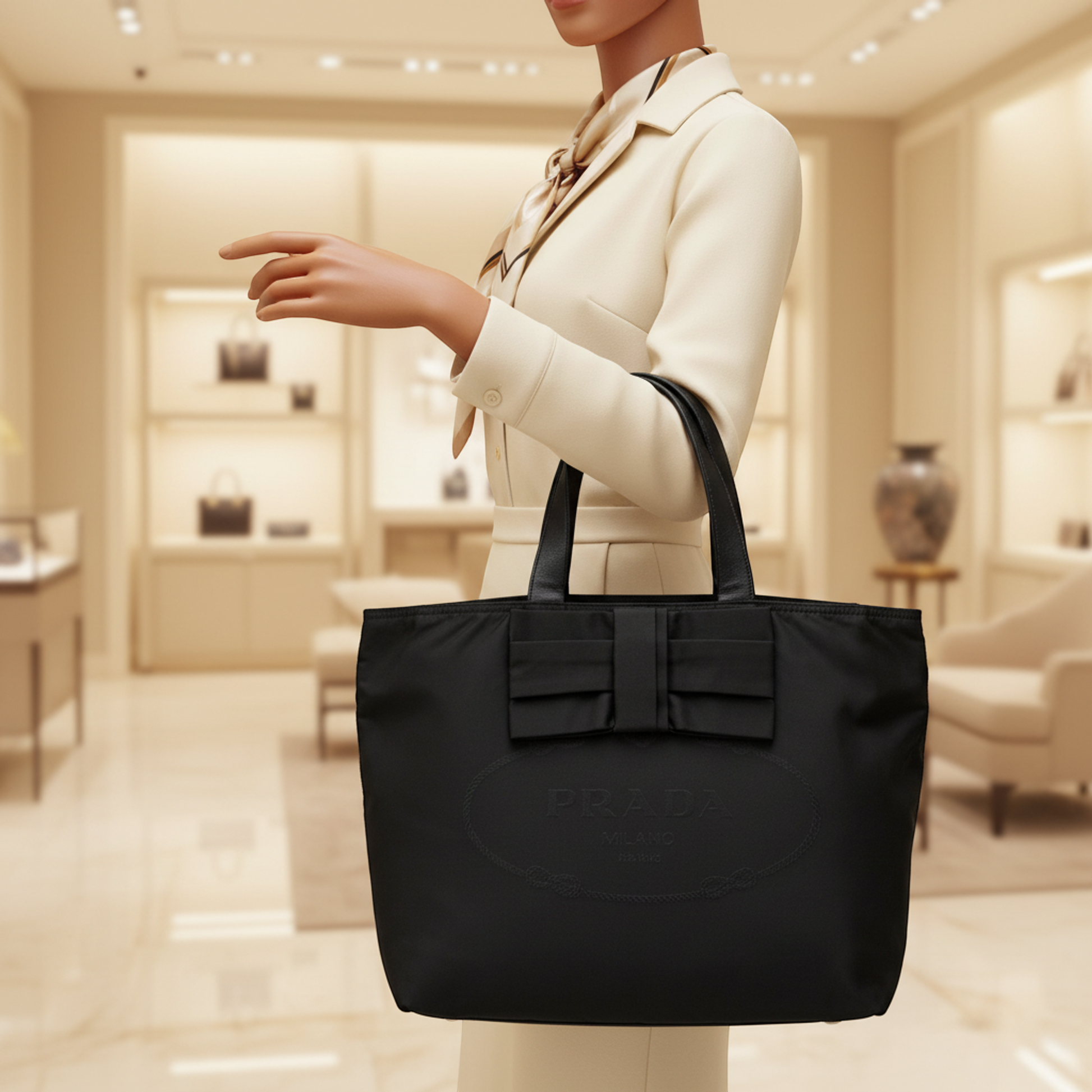 Prada TESSUTO Ribbon Women's Nylon,Leather Tote Bag Black